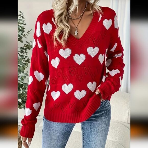 Long-Sleeved V-Neck Heart Patterned Valentines Day Sweater - Sz 18 - Picture 1 of 4